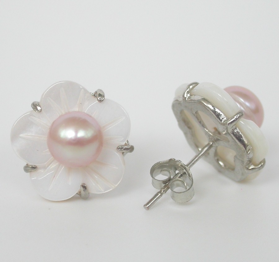 2piece 14mm purple pearls seashell Stud Earring Platinum Plated post c1097