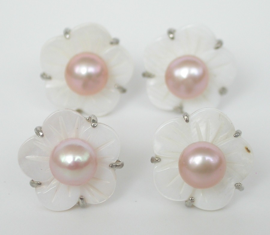 2piece 14mm purple pearls seashell Stud Earring Platinum Plated post c1097
