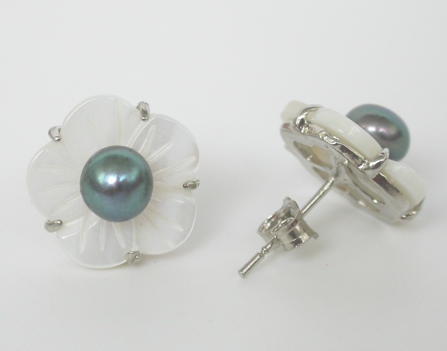 2piece 14mm peacock black pearl seashell Stud Earring Platinum Plated post c1098