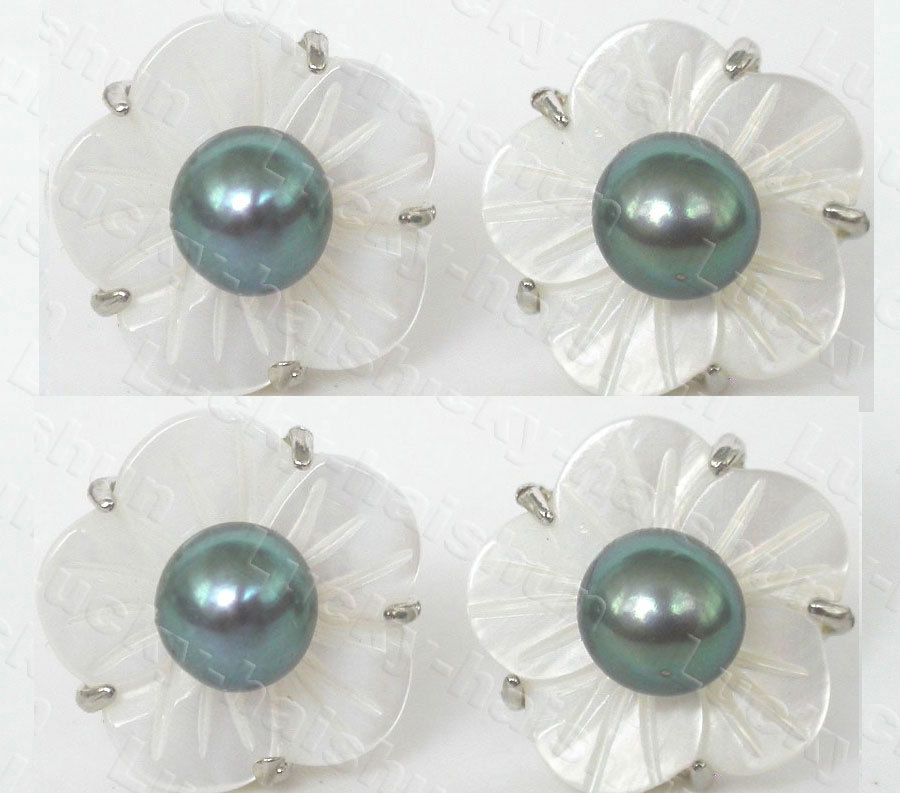 2piece 14mm peacock black pearl seashell Stud Earring Platinum Plated post c1098