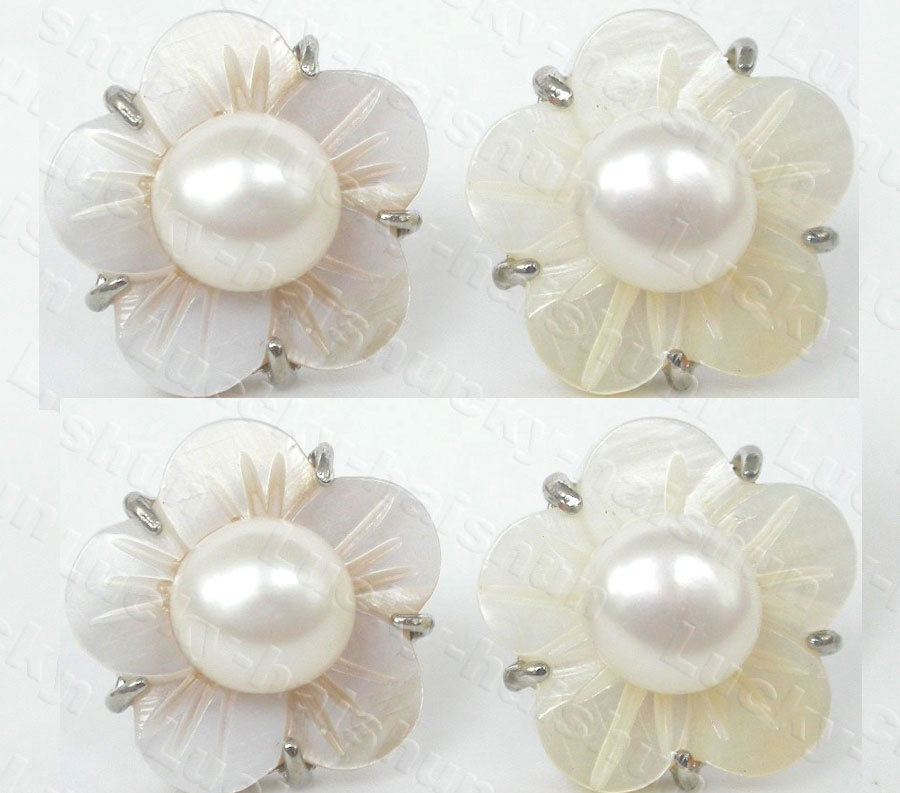 2 piece 14mm white pearls seashell Stud Earring Platinum Plated post c1099
