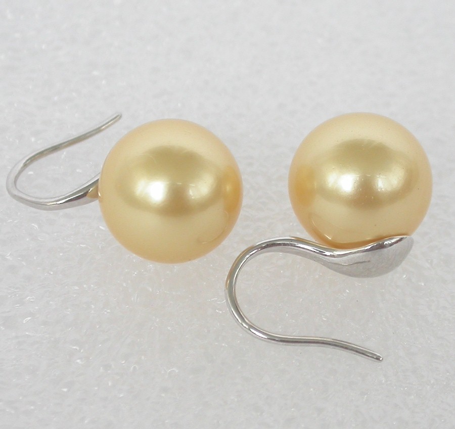 Stud Dangle 8/10/12mm round yellow south sea shell pearls Earrings 925sc hook c1123