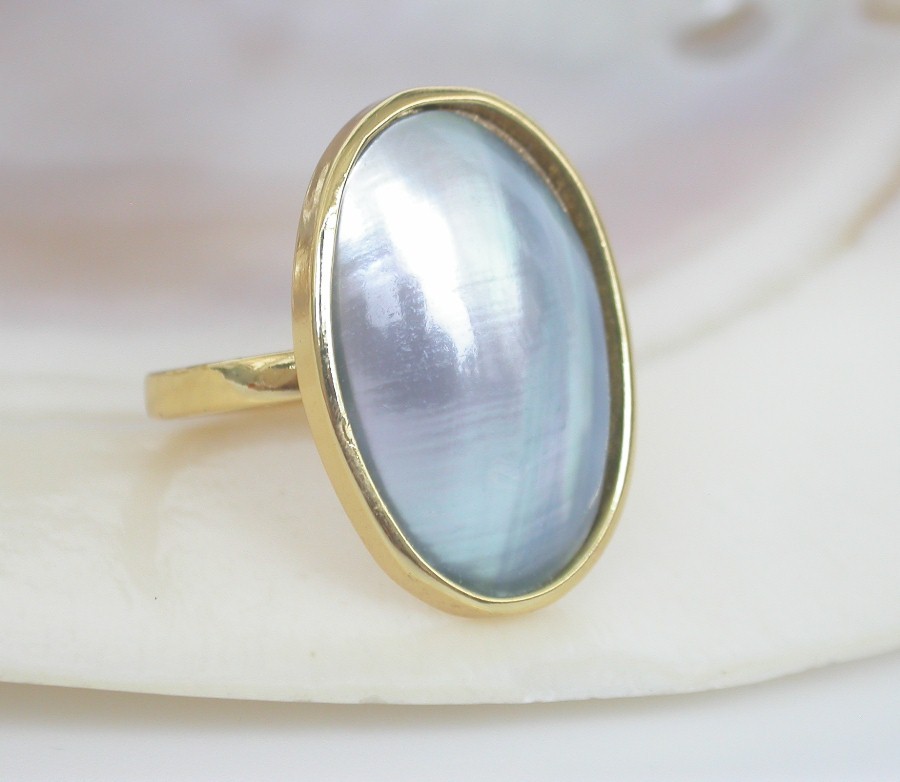AAAA Selectable natural 25mm oval white blue South Sea Mabe Pearls Rings 925sc c1132