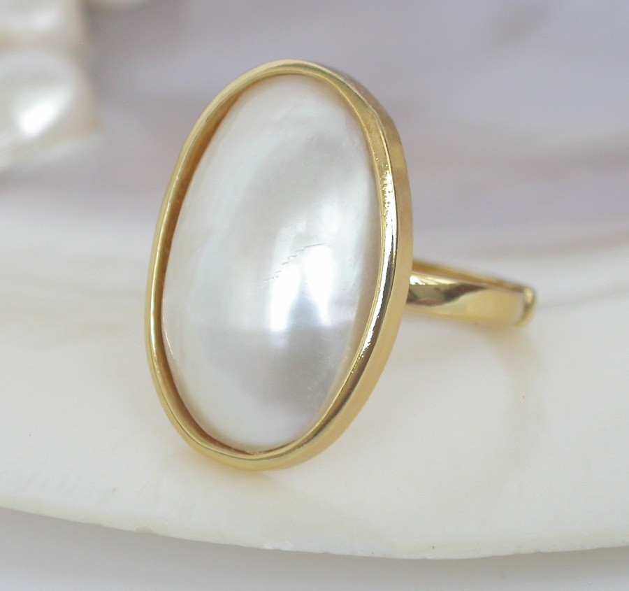 AAAA Selectable natural 25mm oval white blue South Sea Mabe Pearls Rings 925sc c1132