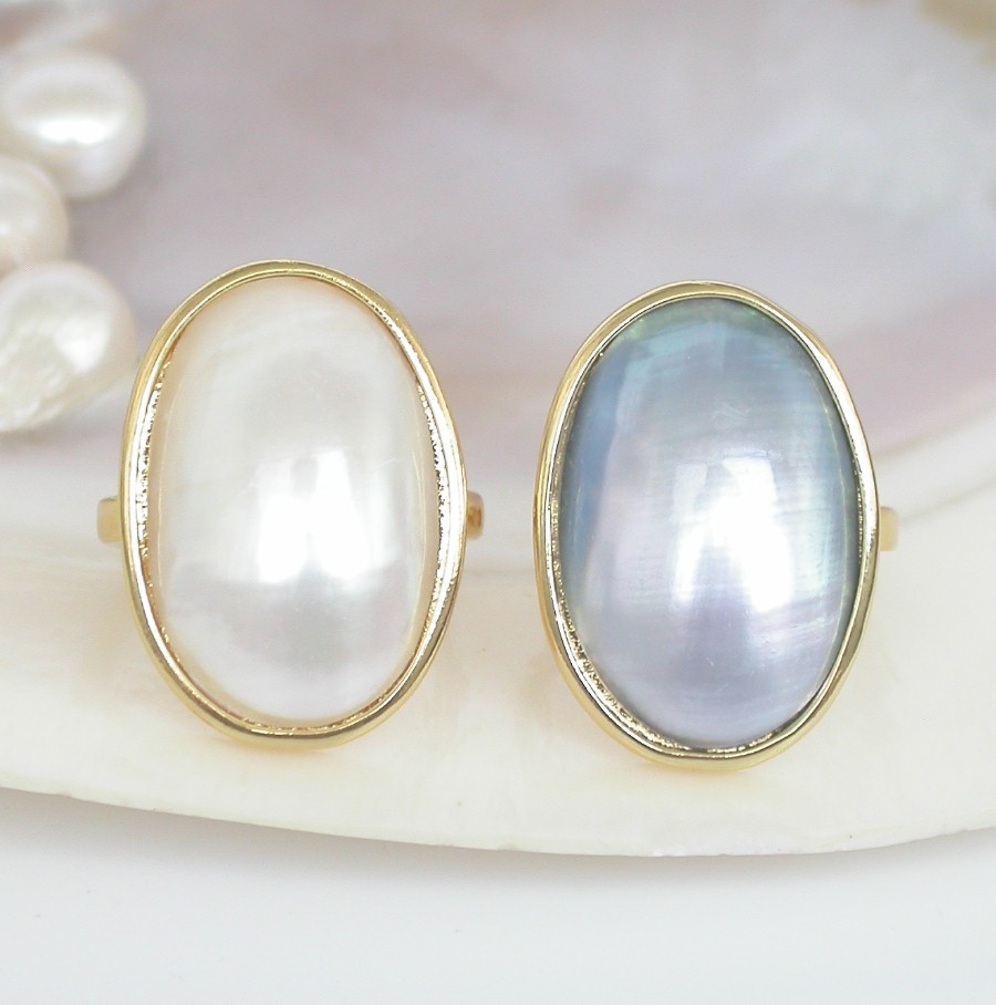 AAAA Selectable natural 25mm oval white blue South Sea Mabe Pearls Rings 925sc c1132