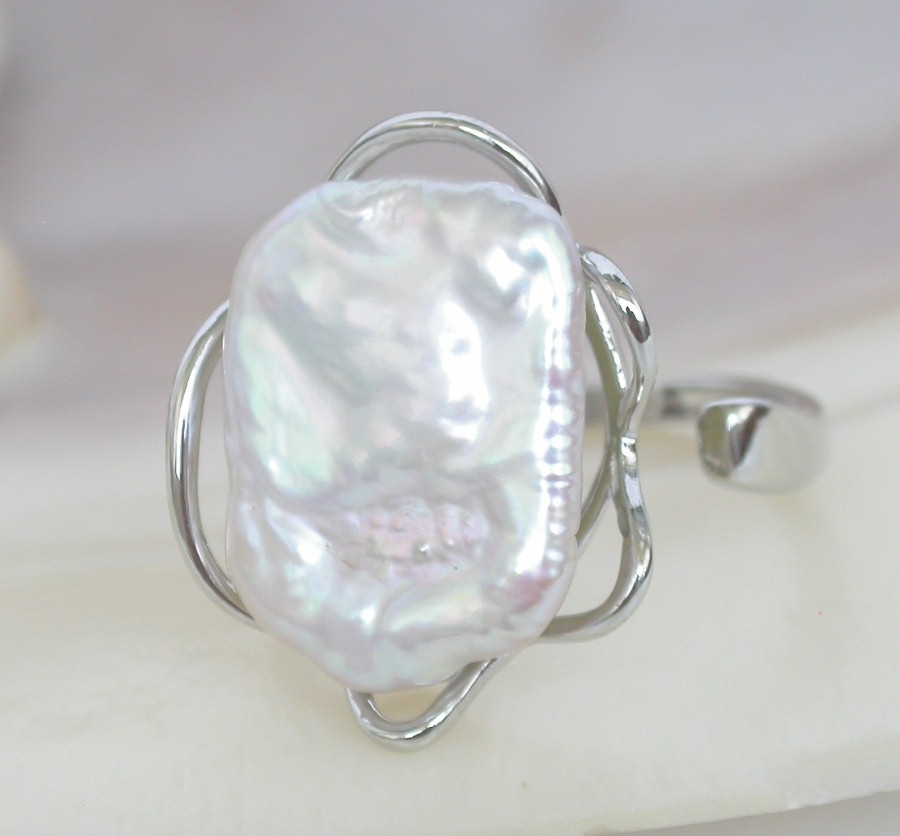 Selectable 20mm square white purple Reborn keshi pearls Rings 925sc Adjustable c1137
