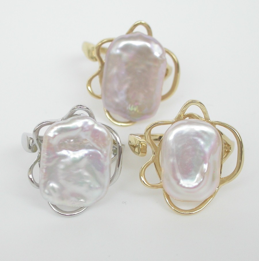 Selectable 20mm square white purple Reborn keshi pearls Rings 925sc Adjustable c1137