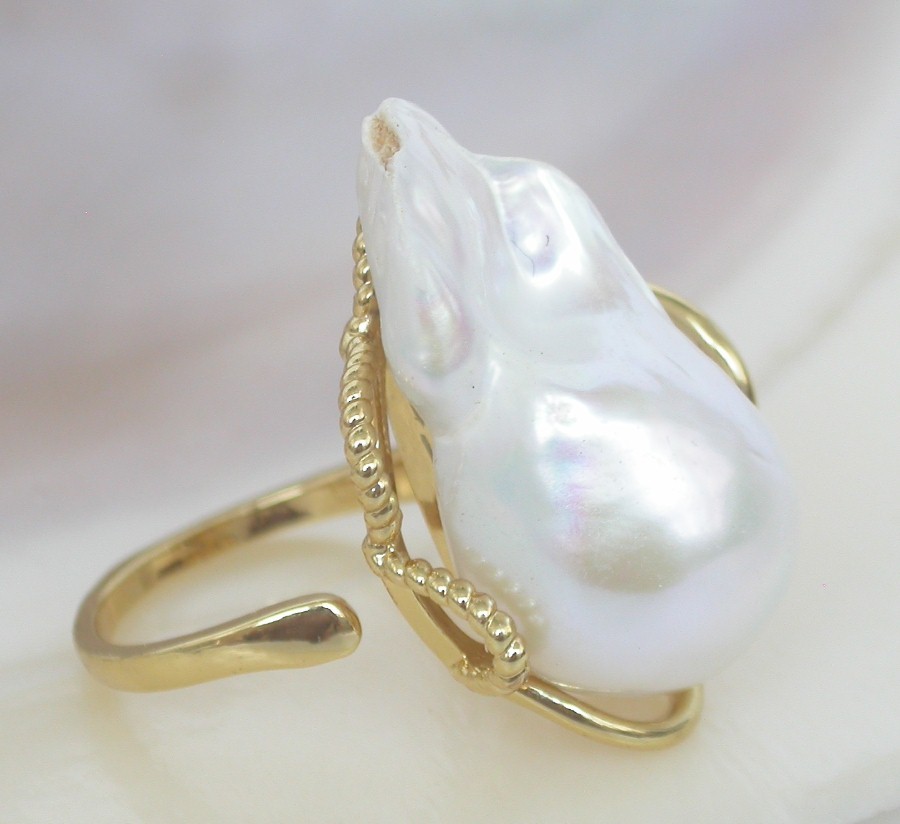AAAA natural 27mm baroque white Reborn keshi pearls Rings 925sc Adjustable c1139