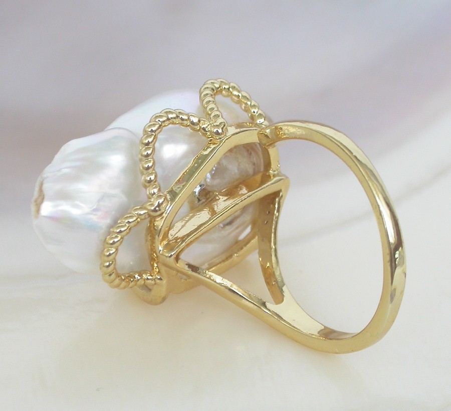 AAAA natural 27mm baroque white Reborn keshi pearls Rings 925sc Adjustable c1139