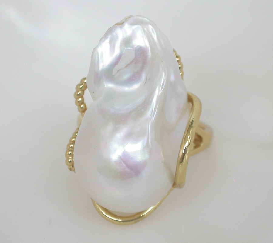 AAAA natural 27mm baroque white Reborn keshi pearls Rings 925sc Adjustable c1139