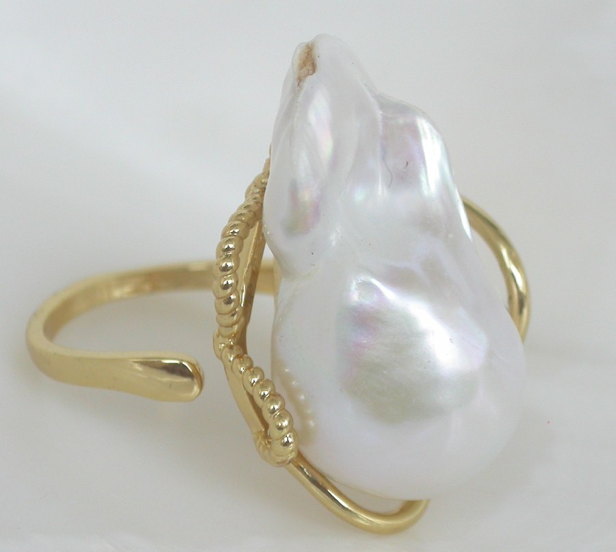 AAAA natural 27mm baroque white Reborn keshi pearls Rings 925sc Adjustable c1139