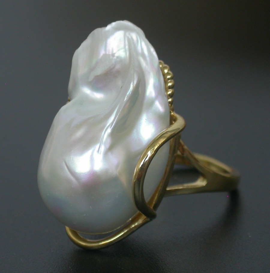 AAAA natural 27mm baroque white Reborn keshi pearls Rings 925sc Adjustable c1139