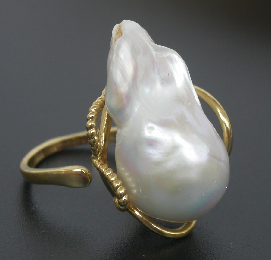 AAAA natural 27mm baroque white Reborn keshi pearls Rings 925sc Adjustable c1139