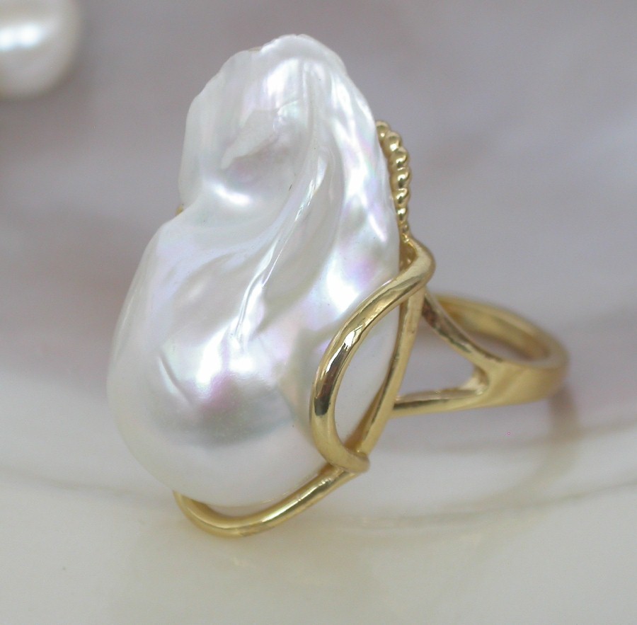 AAAA natural 27mm baroque white Reborn keshi pearls Rings 925sc Adjustable c1139