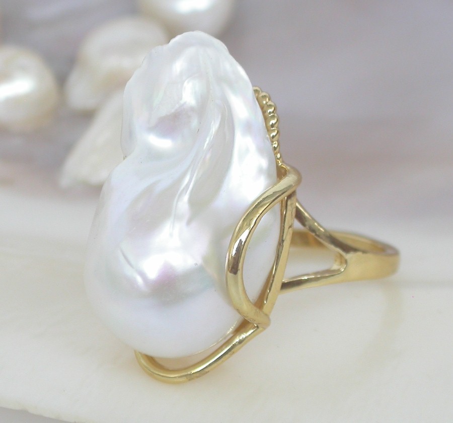 AAAA natural 27mm baroque white Reborn keshi pearls Rings 925sc Adjustable c1139