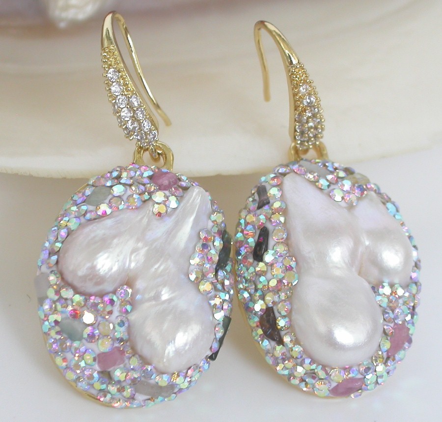 AAA 2" Dangle luster natural 30mm Baroque white Reborn keshi pearls Earrings c1140
