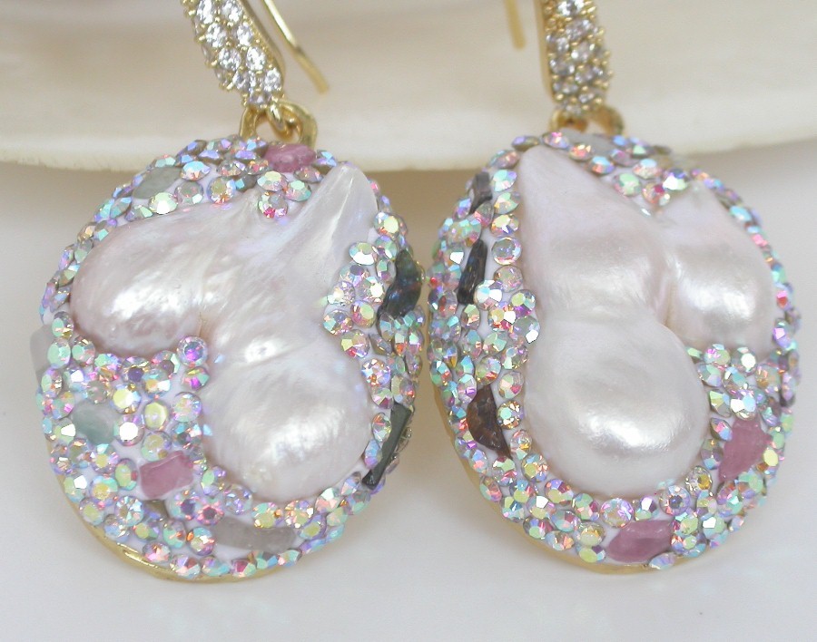 AAA 2" Dangle luster natural 30mm Baroque white Reborn keshi pearls Earrings c1140