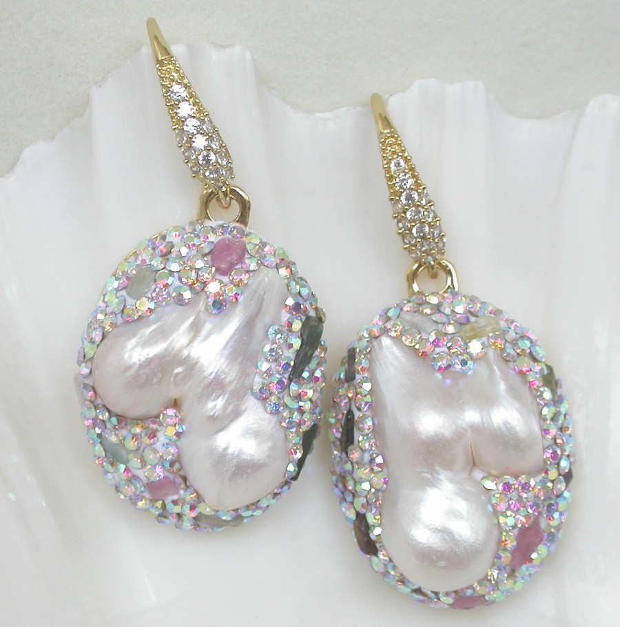 AAA 2" Dangle luster natural 30mm Baroque white Reborn keshi pearls Earrings c1140