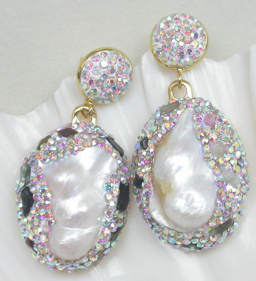 AAA 2" Dangle luster natural 30mm Baroque white Reborn keshi pearls Earrings c1141