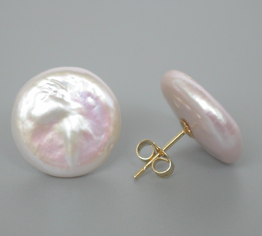 AAAA luster post natural 16mm fastener coin white pearls Earrings 14K Stud c1163