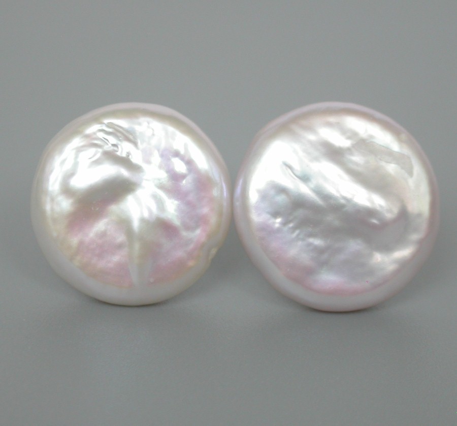 AAAA luster post natural 16mm fastener coin white pearls Earrings 14K Stud c1163