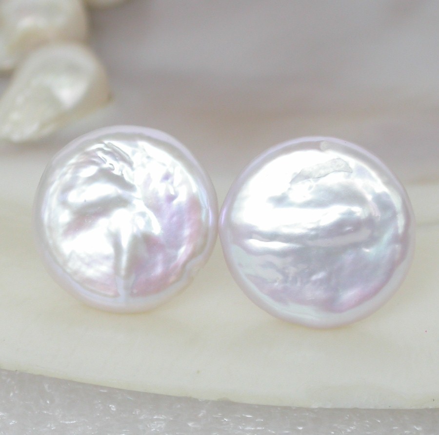 AAAA luster post natural 16mm fastener coin white pearls Earrings 14K Stud c1163