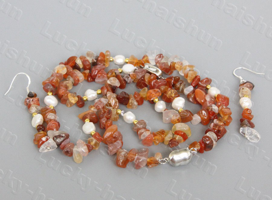 Baroque jade garnet Quartz agate turquoise pearl necklace bracelet Earrings set c1239