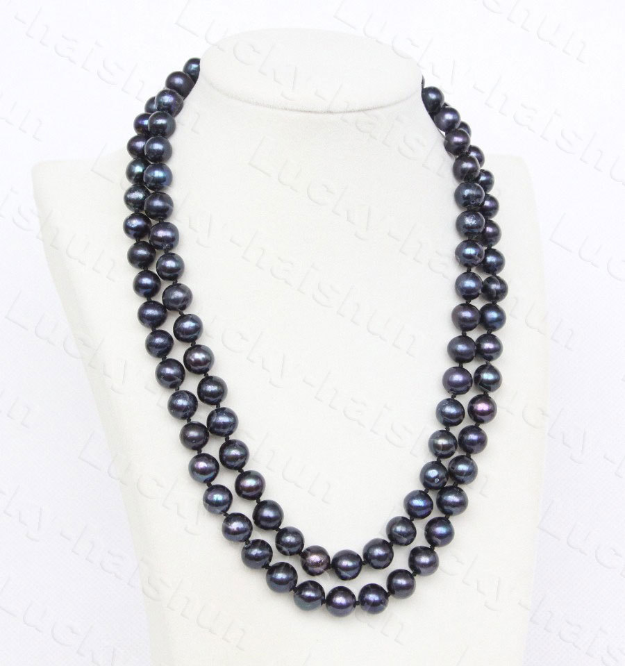 Genuine 17" 2row 9mm round black freshwater pearls bead necklace 18KGP c1228