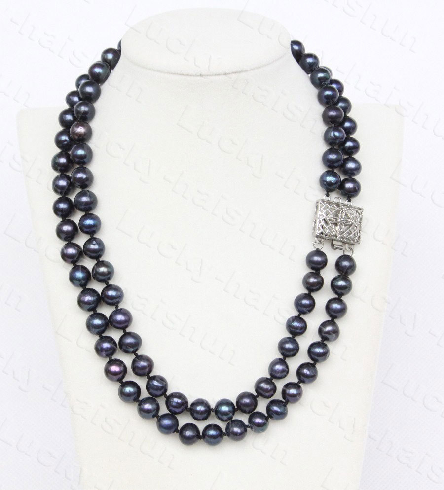 Genuine 17" 2row 9mm round black freshwater pearls bead necklace 18KGP c1228