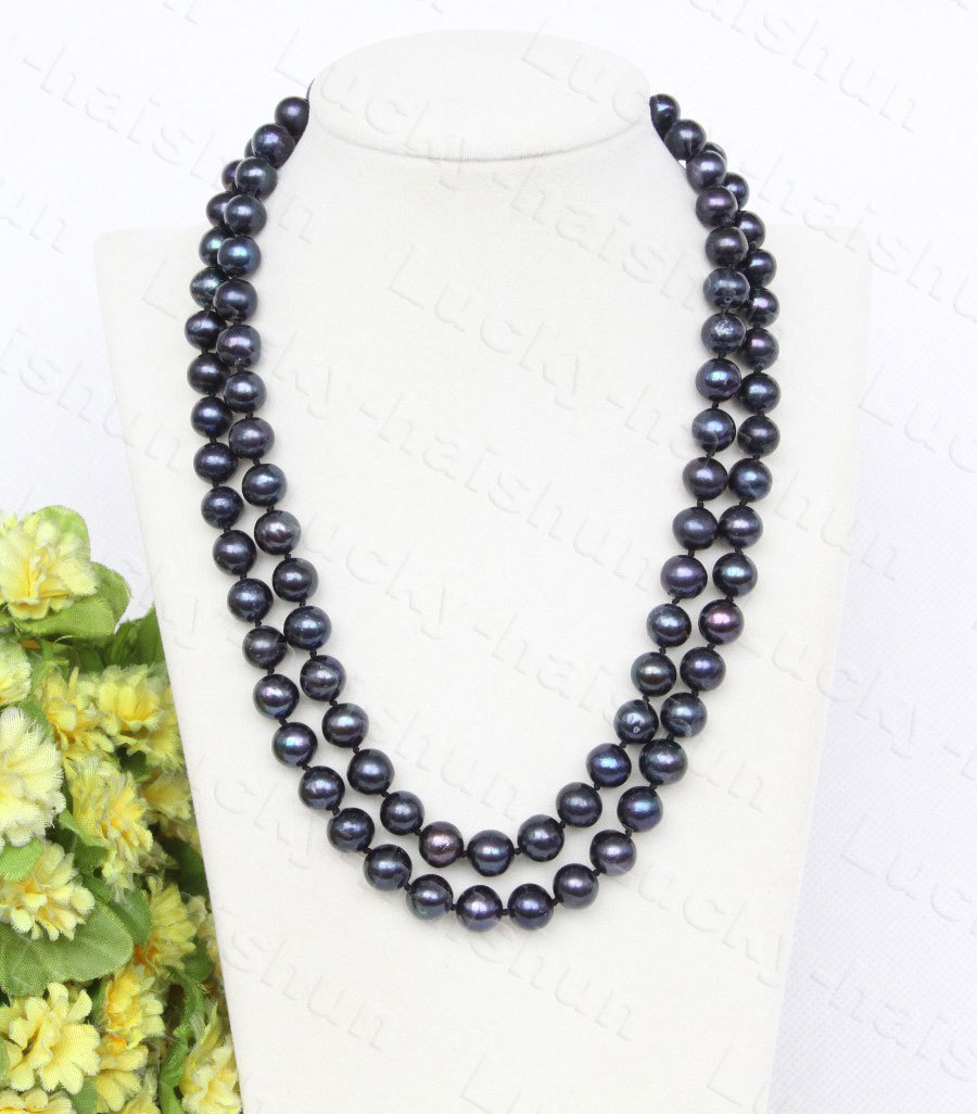 Genuine 17" 2row 9mm round black freshwater pearls bead necklace 18KGP c1228