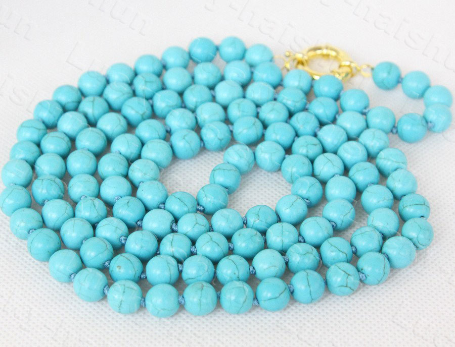 Long 52" 10mm round sky-blue turquoise beads necklace c1246