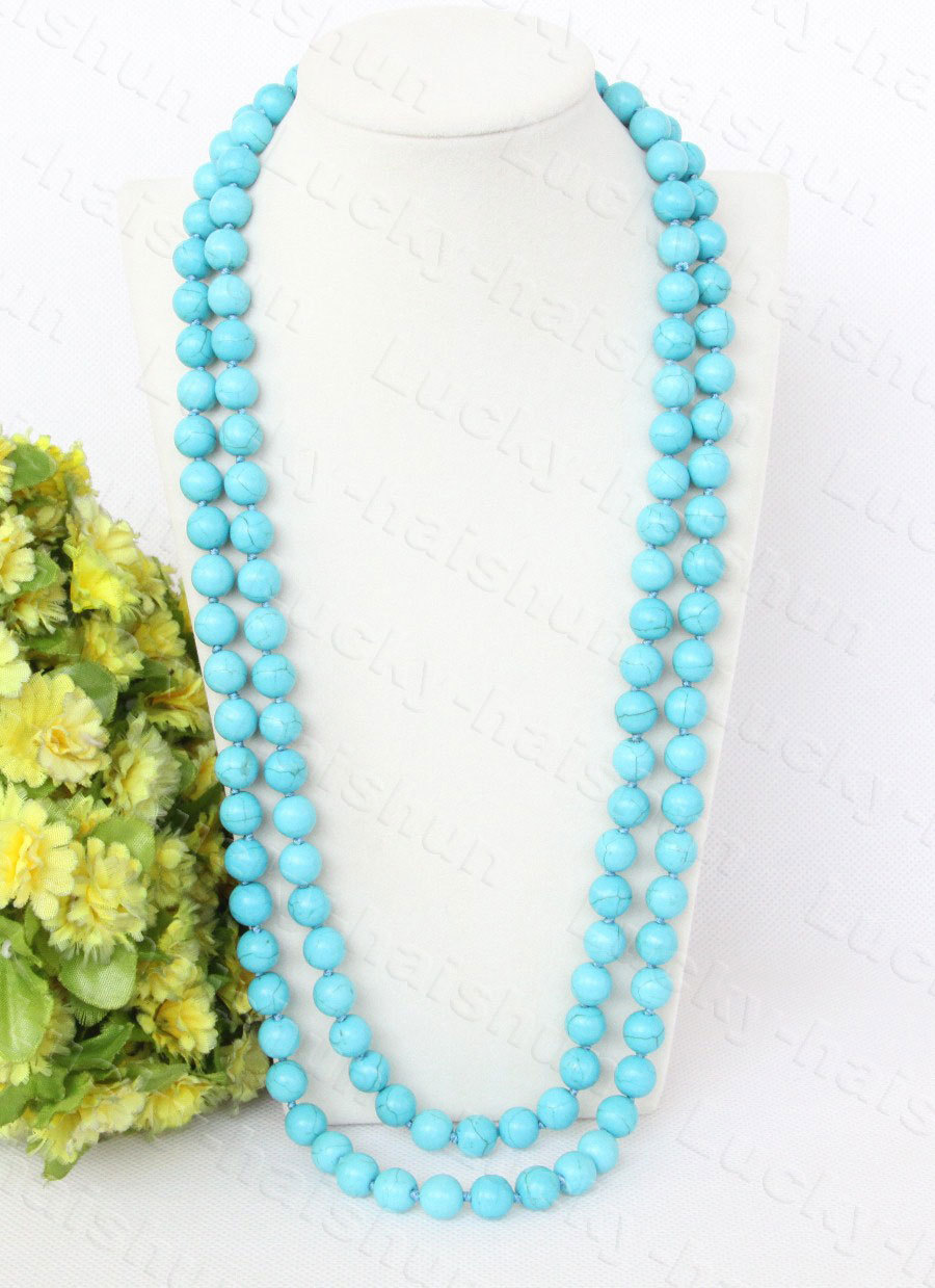 Long 52" 10mm round sky-blue turquoise beads necklace c1246