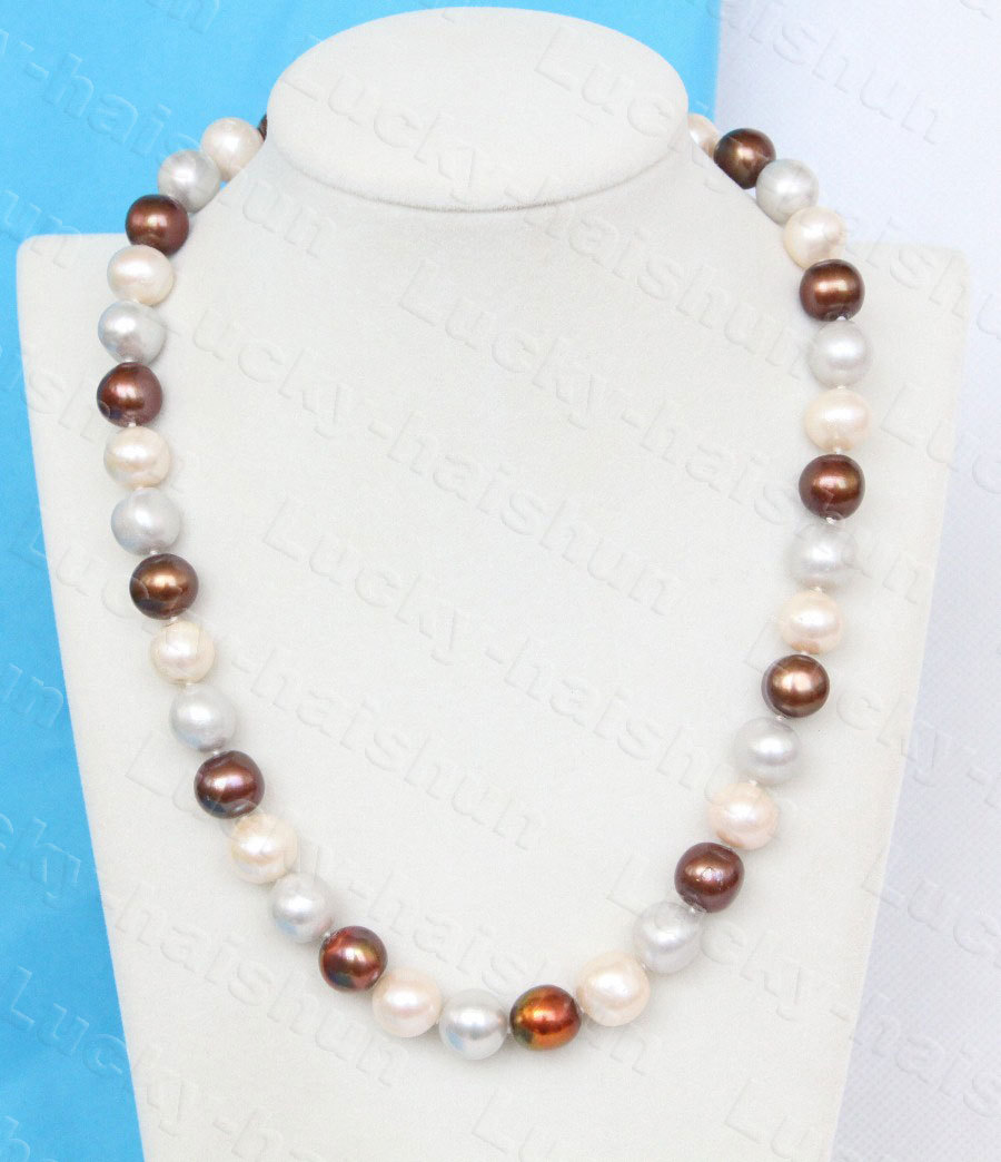 17.5" 12mm round Multicolor freshwater beads pearls necklace 18KGP Clasp c1254