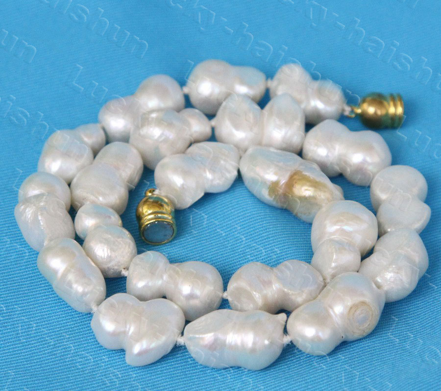 Genuine 17" 19mm twin white freshwater pearls beads necklace c1257