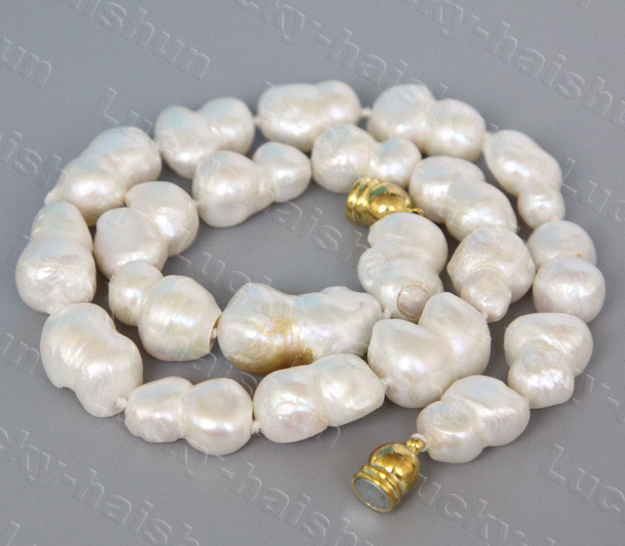 Genuine 17" 19mm twin white freshwater pearls beads necklace c1257