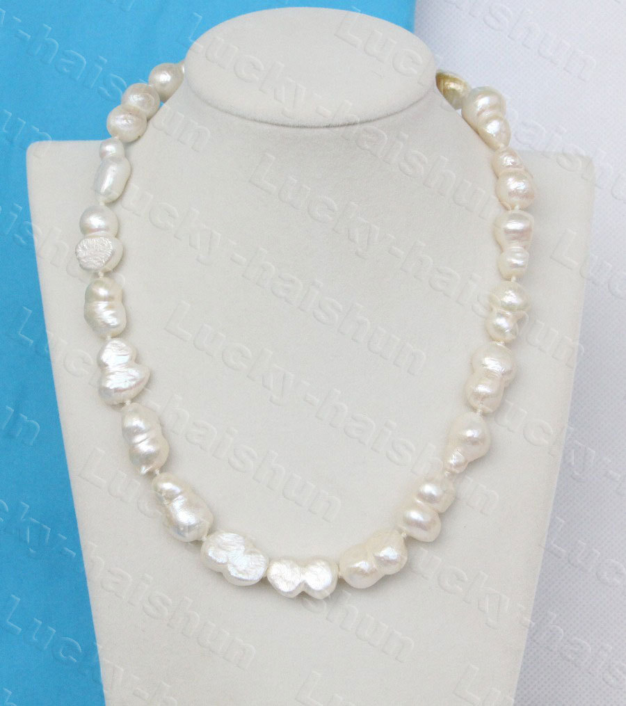 Genuine 17" 19mm twin white freshwater pearls beads necklace c1257