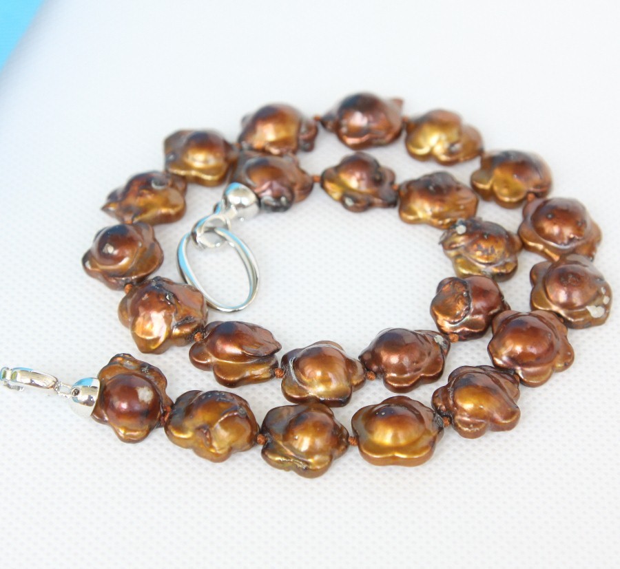 Baroque 17" 17mm starfish coffee Reborn keshi pearls necklace 925sc clasp c1269
