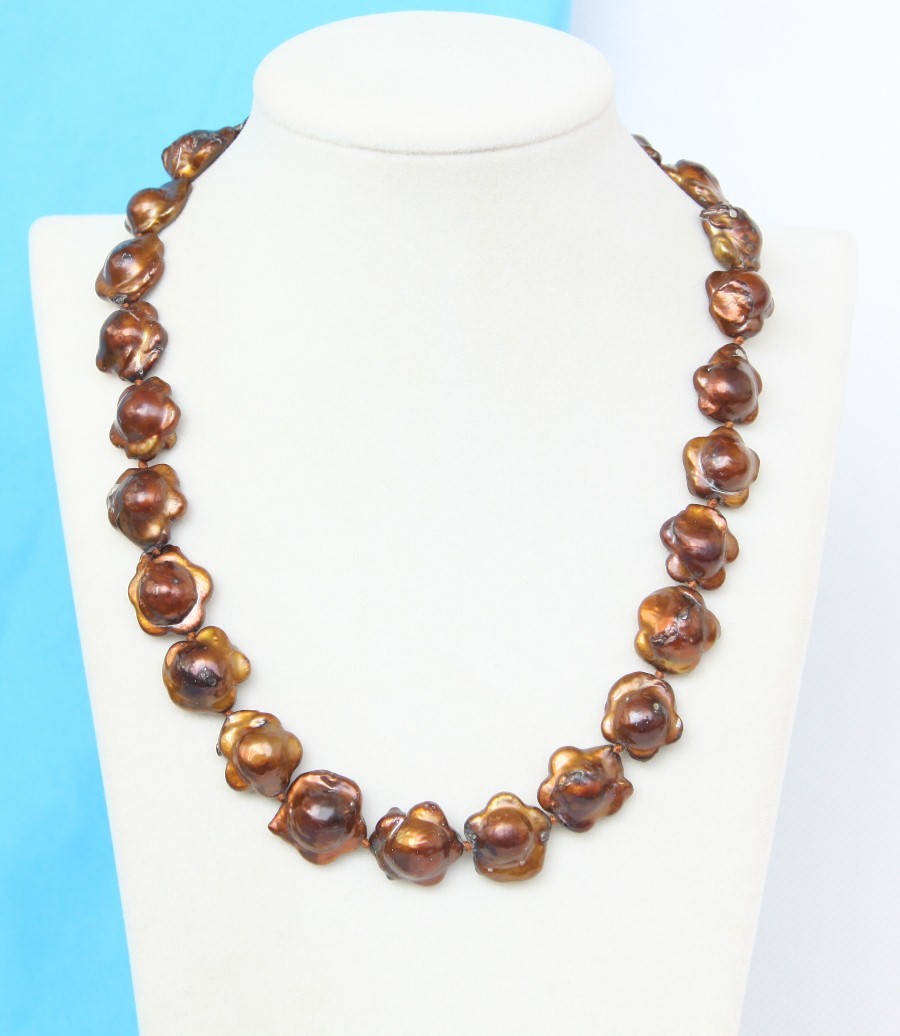 Baroque 17" 17mm starfish coffee Reborn keshi pearls necklace 925sc clasp c1269