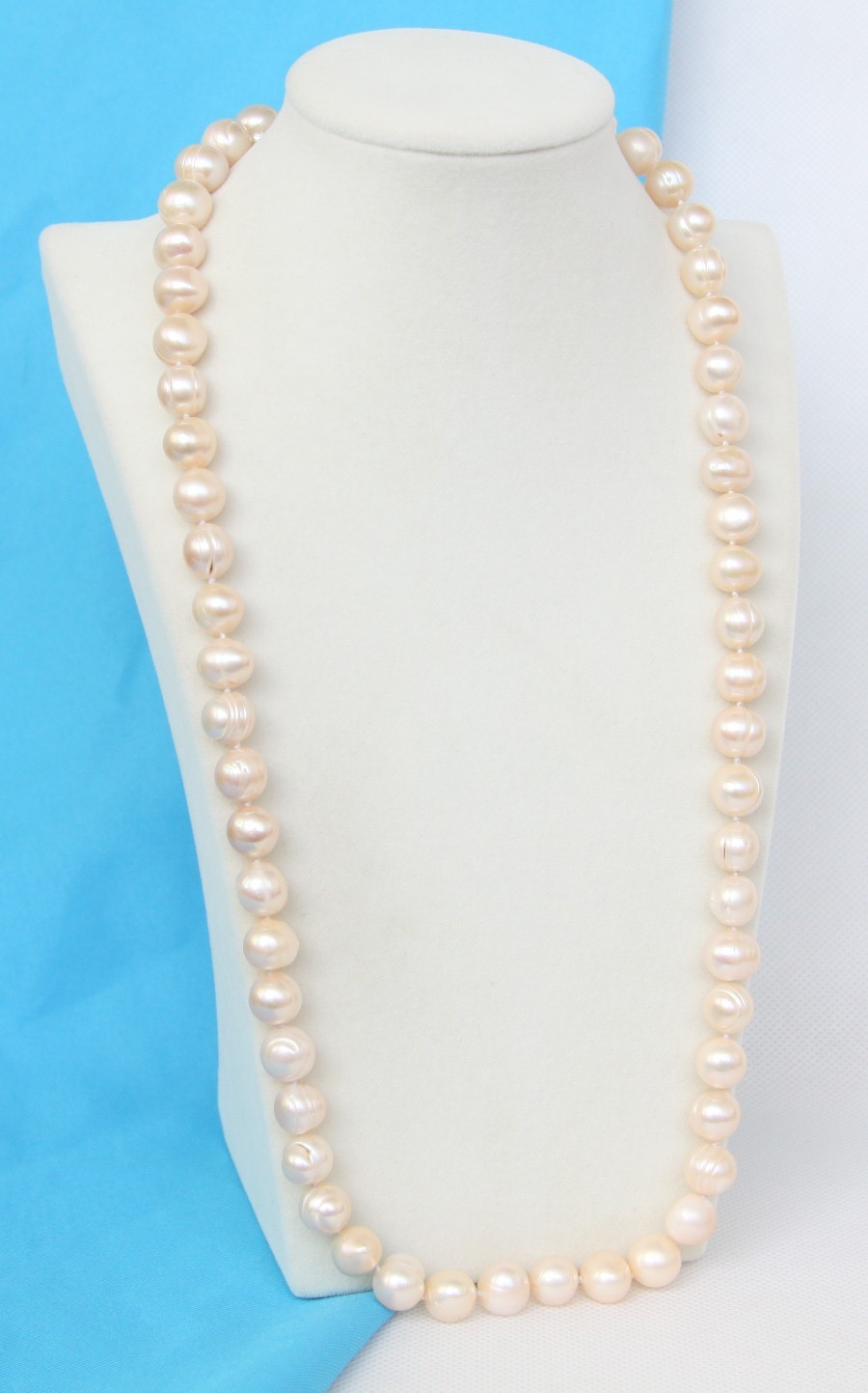 Long natural 26" 12mm round light pink freshwater pearls necklace 925sc clasp