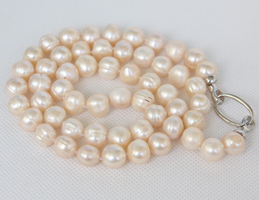 Long natural 26" 12mm round light pink freshwater pearls necklace 925sc clasp