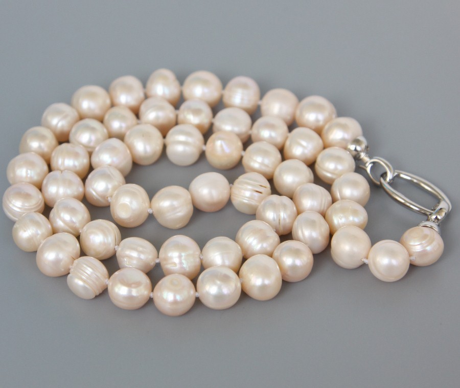 Long natural 26" 12mm round light pink freshwater pearls necklace 925sc clasp
