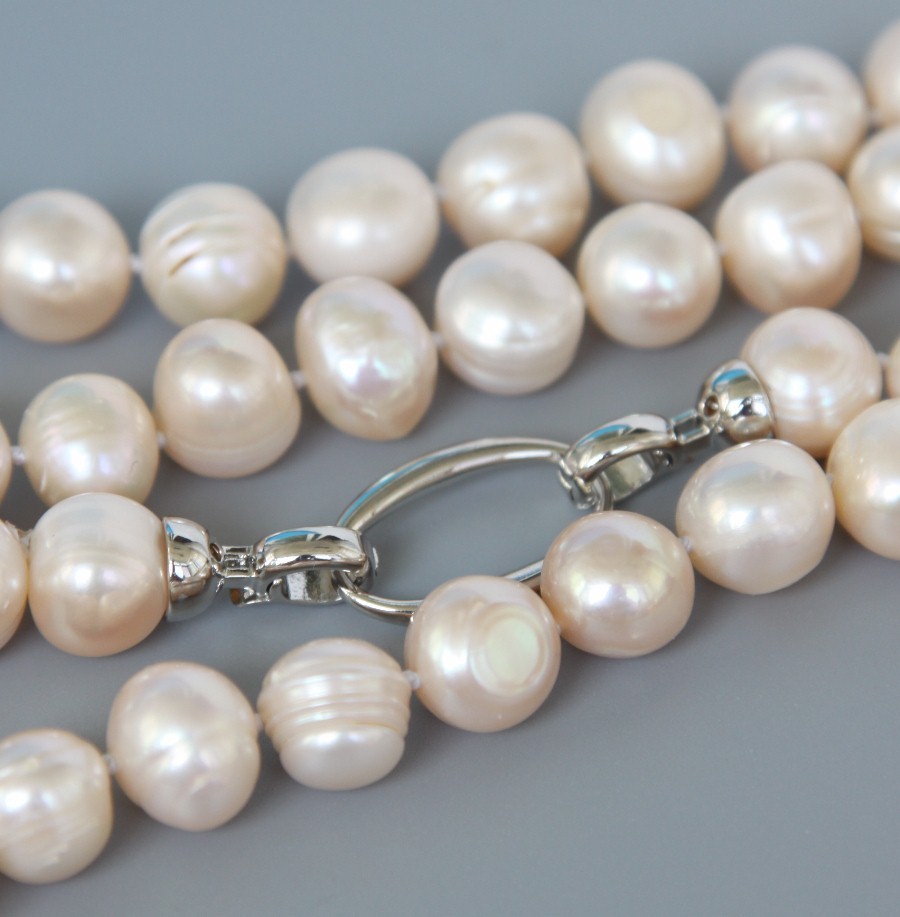 Long natural 26" 12mm round light pink freshwater pearls necklace 925sc clasp