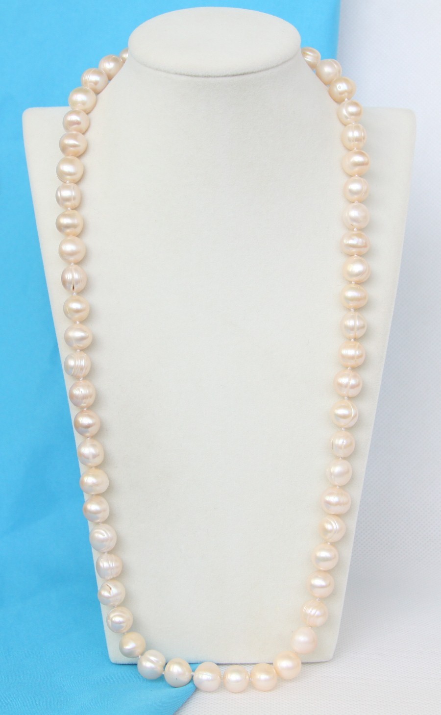 Long natural 26" 12mm round light pink freshwater pearls necklace 925sc clasp