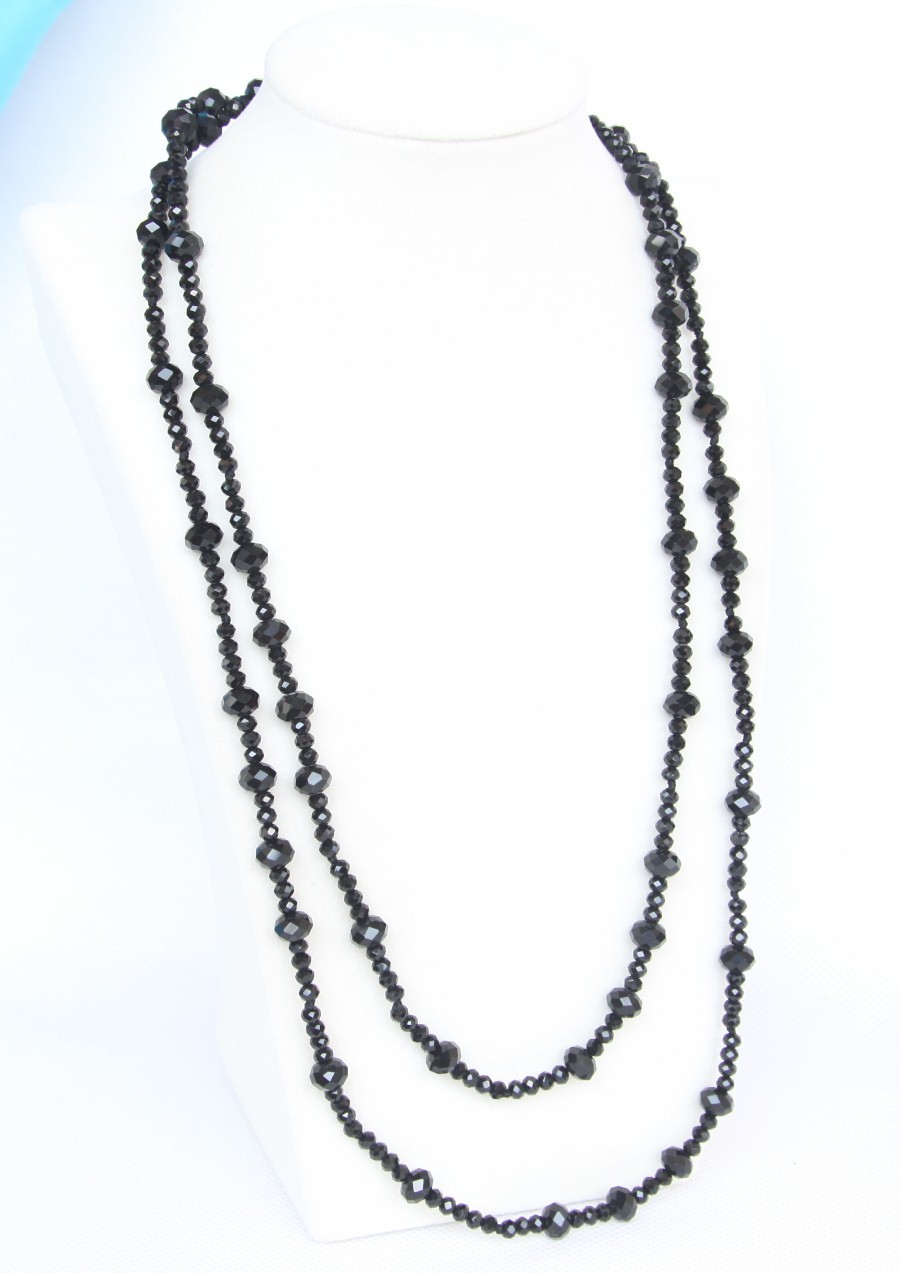 natural Long 46" 8mm carved round black agate beads necklace c1274
