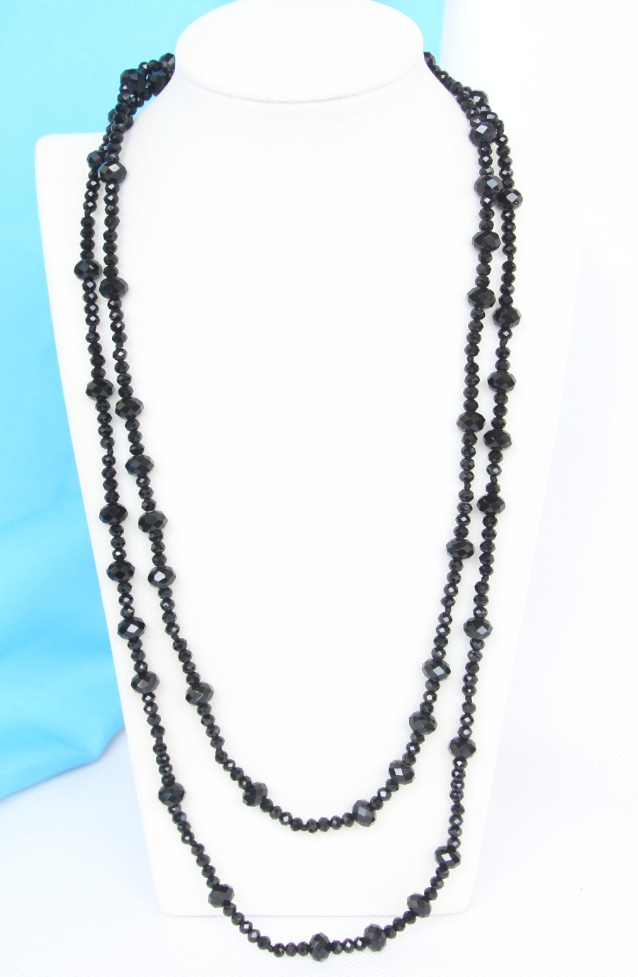 natural Long 46" 8mm carved round black agate beads necklace c1274