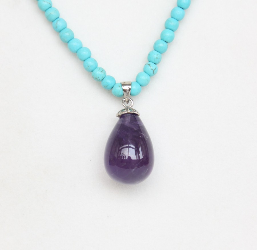 Adjustable 16"-18" round sky-blue turquoise drip amethyst pendant necklace c1277