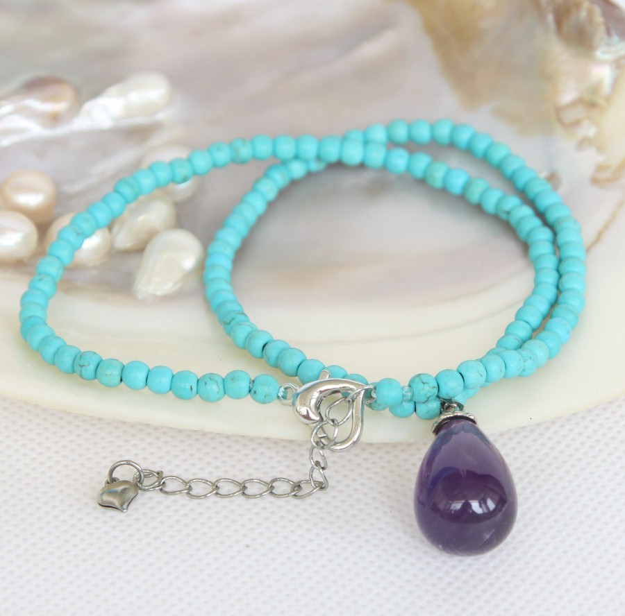 Adjustable 16"-18" round sky-blue turquoise drip amethyst pendant necklace c1277