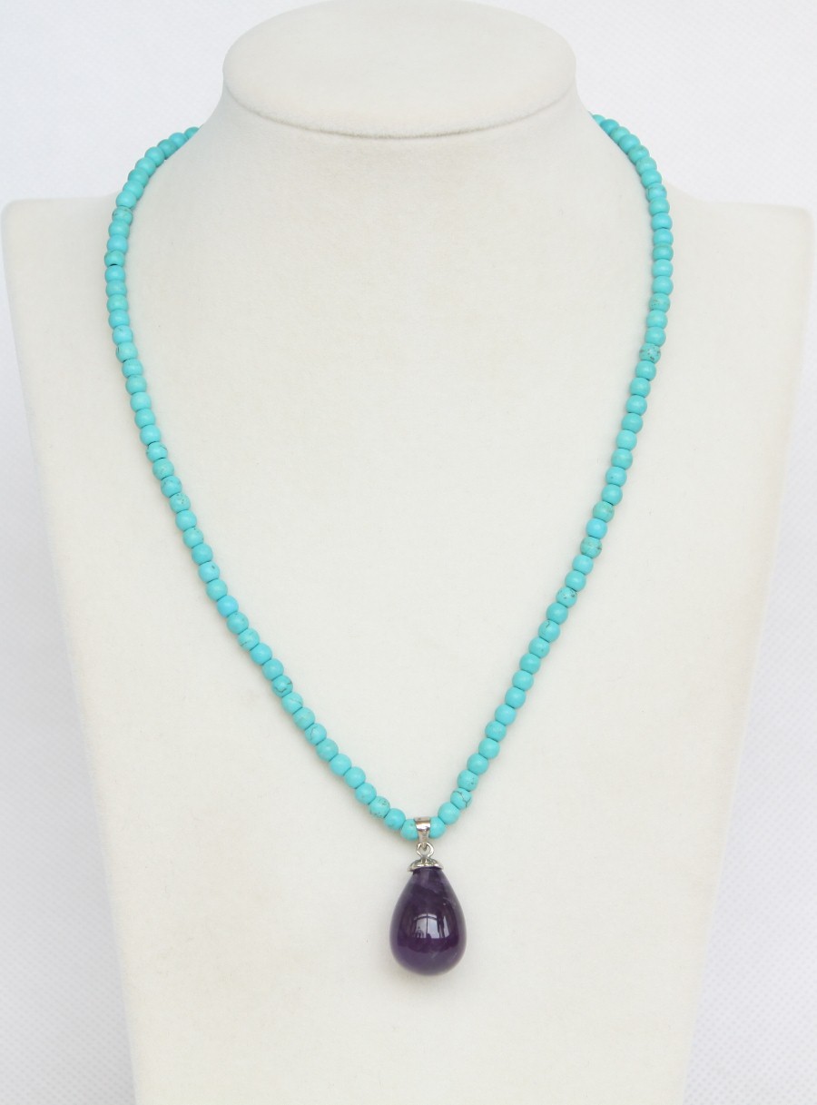 Adjustable 16"-18" round sky-blue turquoise drip amethyst pendant necklace c1277