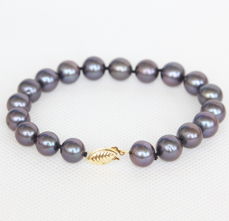 AAA 8" 10mm round black brown freshwater pearls bracelet 14KT gold clasp c1279