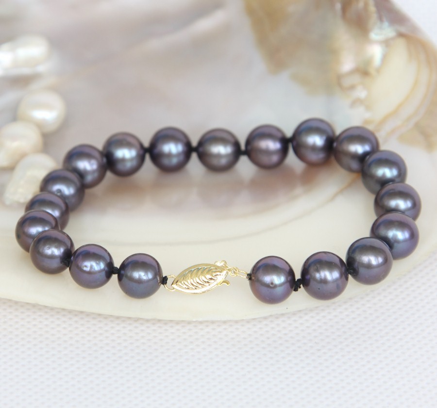 AAA 8" 10mm round black brown freshwater pearls bracelet 14KT gold clasp c1279